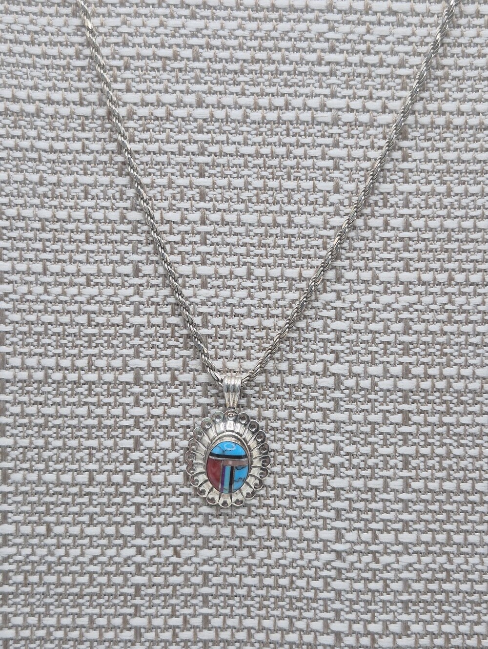 20" Sterling Silver w Turquoise & Coral  Inlay Native Am. Zuni Pendant Necklace